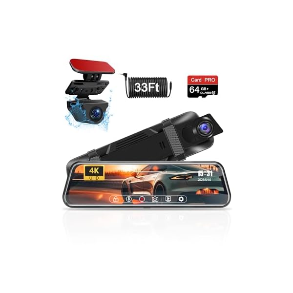 10″ Mirror Dash Cam 4K Rear View Mirror Camera Super Night Vision 2160P Mirror Dash Cam Front and Rear Backup Camera 33ft Cable for Car Trucks Parking Monitor 64GB Card &Rear Camera Holder