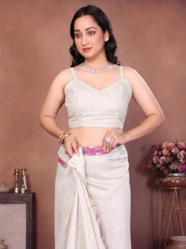Image of SAMANTHA Black Floral Print Ready to Wear Linen Saree with Pocket & Adjustable Belt