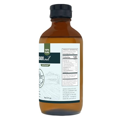 Image of Zatural 100% Avocado Oil Pure Natural Without Additives, Clean, Cold Pressed, Non-GMO, Vegan: for Cooking, Frying, Baking and for Sauces, Dressings, Marinades, Salads (8oz GLASS)