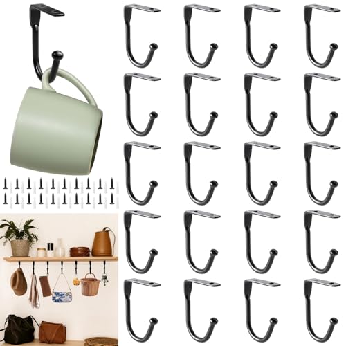 WORLUDE 20 Pcs Mug Hooks - Black Cup Hooks, Under Shelf Mug Holders, Supplied with 20 Screws, Wall-Mounted Metal Cup Holder for Kitchen Utensil Storage of Coffee, Tea Cups, Coats, Hats, and Ties