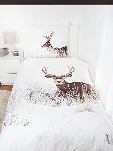 Herding Bed Sheets, Bed Linen with Winter Landscape Deer 100% Cotton (Flannel, 155 x 220 cm)