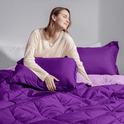 Edredón reversible King morado y fundas de almohada de microfibra para cama 8