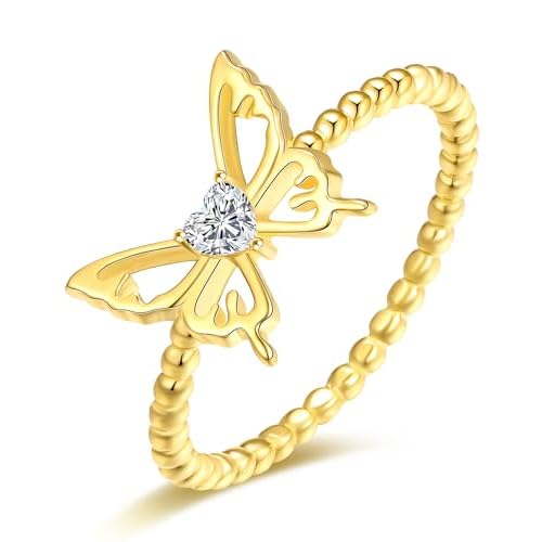 925-Sterling-Silver Butterfly Rings for Woman - Cute 18K Gold Hollow Butterfly Ring with Heart-Shaped White Zircon, Simple and Stylish Beaded Design；A Gift for Your Wife on Anniversaries, th