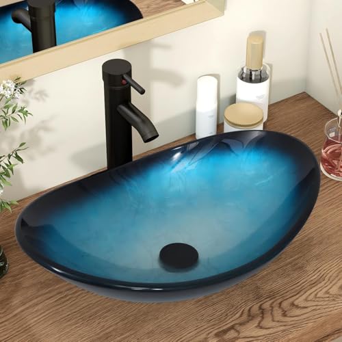 YU YUSING Aufsatzwaschbecken Waschbecken Glas Waschtisch, Oval Hand Waschschale mit Wasserhahn Set, Waschplätze für Badezimmer Küche Gäste WC, Modern Blau, 53 x 35 x 16 cm