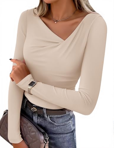 ZESICA Womens Long Sleeve Asymmetrical Neck Ruched Slim Fit Shirts 2026 Fall Fashion Business Casual Tops Sand L