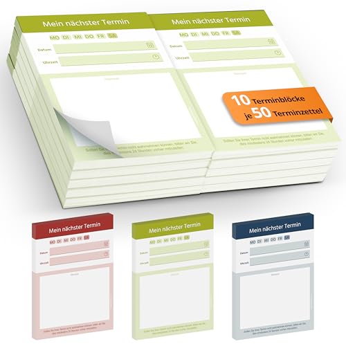 Printino Terminblöcke – Terminzettel DIN A7 – 10 Blöcke mit 500 Terminkarten – Offsetpapier 80 g/m² – großes Stempelfeld – klar strukturiert – 3 Farben – für Praxen, Studios, Friseur, Kosmetik (Grün)