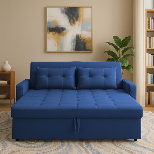 Image of Emilio 2-Seater Sofa Cum Bed for Living Room, Office & Home | Premium Fabric Pull-Out Sofa Set with 1 Year Warranty | Space Saving Convertible Sleeper Sofa for Guests & Daily Use | Blue