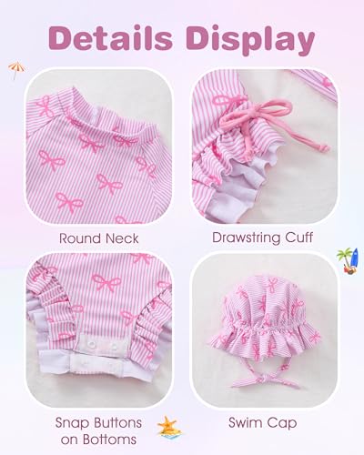 Image of Renotemy Baby Girls Swimsuit Drawstring Zip Bathing Suit Long Sleeve One-Piece Rash Guard Swimwear with Hat for Infant Girl