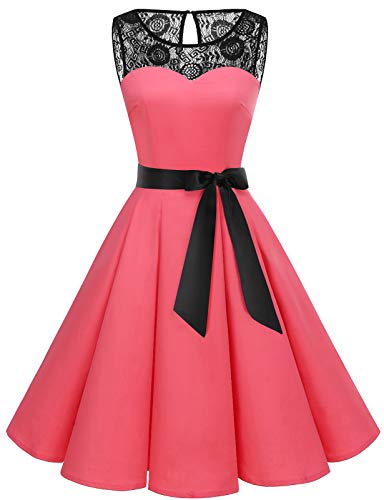 bbonlinedress Retro Vintage Dresses for Women 1950 Elegant Floral Rockabilly Cocktail Swing Party Dress Coral M