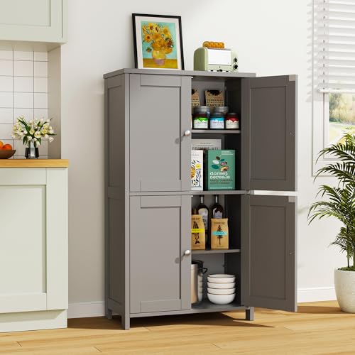 Image of Vongrasig Bathroom Storage Cabinet, Small Bathroom Floor Cabinet with 4 Doors and Adjustable Shelves, Freestanding Modern Cabinet for Bathroom, Kitchen, Living Room, Entryway, Grey