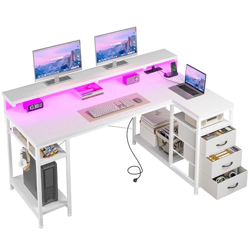 Klyvvo 160x80 Escritorio L con 3 Cajones, Escritorio en L con LED, Soporte para Monitor, 2 Enchufes y 2 Puertos USB, Mesa en L para Trabajo y Juegos, para Oficina, Estudio y Cámara de Cama