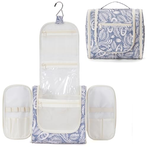 Narwey Hanging Toiletry Bag for Women Travel Makeup Bag Organizer Toiletries Bag Men for Cosmetics Essentials Accessories(Large, Blue Leaf)