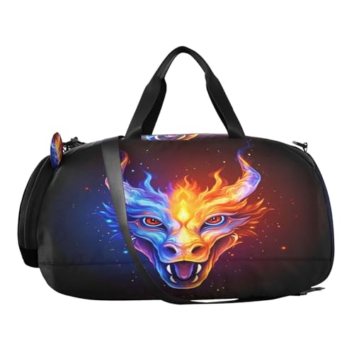 Gym Travel Duffle Bag for Boys Girls Fire Water Dragon Sports Dance Bag with Shoe Compartment & Wet Pocket Football Kids Travel Bag Teens Sleepover Carry2