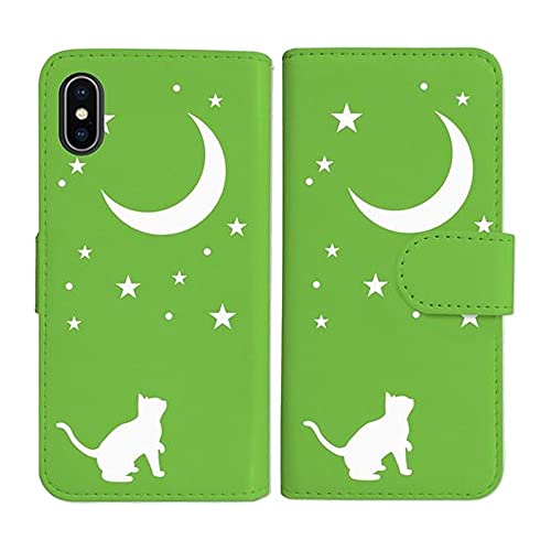 sslink iPhone17 Pro Max アイフォン17プロマックス 対応 手帳型 グリーン ケース 猫 ネコ 月 星 夜空 ホワイト ダイアリータイプ 横開き カード収納 フリップ カバー