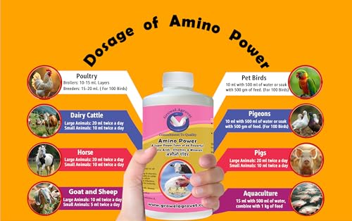 Growel Agrovet Amino Power – A Blend of 46 Amino Acids, Vitamins, and Minerals for Growth and Immunity of Aqua, Poultry, Cattle, Horse, Pig, Goat, Sheep, Pigeon and Birds -1000 ml.