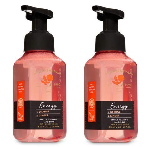Bath and Body Works 2 Pack Aromatherapy Energy Orange Ginger Gentle Foaming Hand Soap 8.75 Ounce Dark Brown Bottle with Orange Band