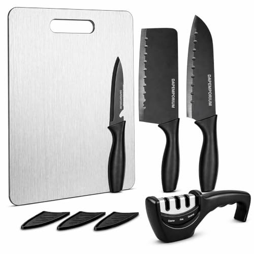 Image of 3 Kitchen Knife Set with Steel Cutting Board & Sharpener | Kitchen Knives Black Coted Stainless Steel Blade With Covers | 3 Slots Knife Sharpener | Food Grade Steel Chopping Board for Meat and Veggis