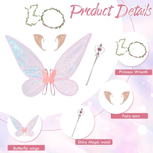 Image of TecoKart Butterfly Wings for Girls - Fairy Wings for Kids Girls Butterfly Set, Pink Fairy Wings with Flower Garland, Elf Ears and Love Sticks, Ideal for Girls Birthday Party