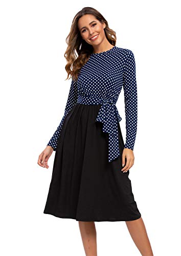 Women Long Sleeve Pleated Polka Dot Flowy Modest Midi Work Casual Dress Navy XL