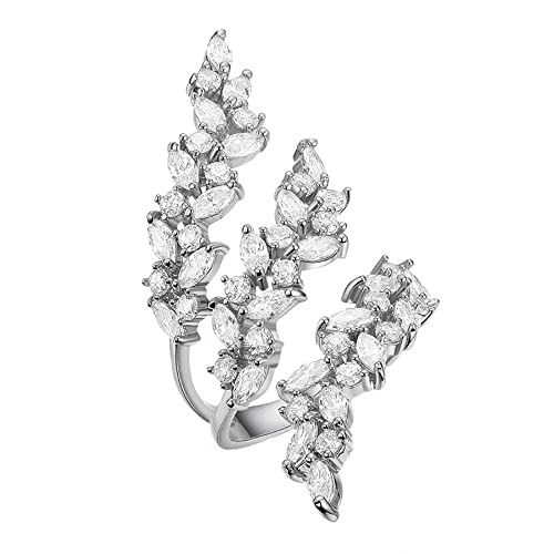 Rhinestone Leaf Climber Wrap Finger Band for Women Girls CZ Crystal Elegant Flower Open Layered Statement Rings Promise Engagement Rings Wedding Bands Jewelry Gifts