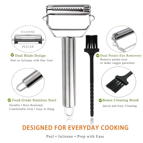 Image of STARFRIT SUCGLES 3-in-1 Stainless Steel Vegetable Peeler with Cleaning Brush, Julienne Slicer & Fruit Peeler, Ultra Sharp Kitchen Cutter and Shredder for Potato, Carrot, Cucumber & Vegetables