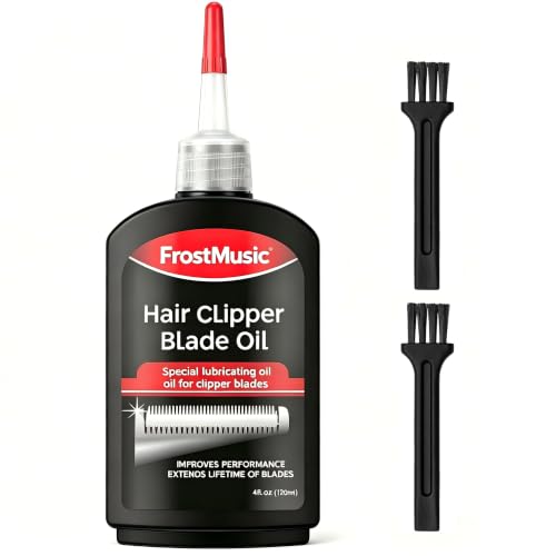 FrostMusic Hair Clipper Oil in a 4.05 oz bottle with included brush — the heavy-use pick for daily trimmer maintenance