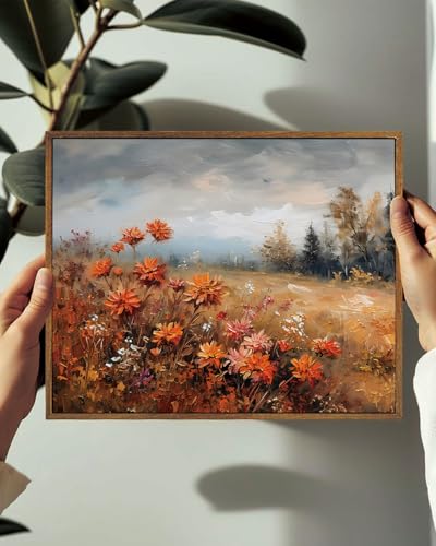 Image of KISSFOX Framed Wall Art Decor Vintage Landscape Pictures Wall Decor Fall Leaves Forest Scenery Canvas Art Farmhouse Countryside Paintings Artwork For Bedroom Kitchen Living Room
