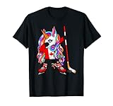 Diseño de la bandera canadiense para un orgulloso fan del hockey sobre hielo del equipo de hockey sobre hielo de Canadá. Divertido hockey sobre hielo de unicornio para los amantes del hockey sobre hielo de Canadá tiene un unicornio con una camiseta deportiva de la bandera de Canadá con palo de hockey y disco, haciendo dab de hip hop.