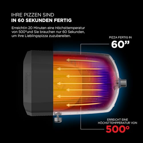 MasterPRO Napoli - Tragbarer Gas-Drehpizzaofen - Schnelles, gleichmäßiges Garen - Leistung bis zu 500°C - Pizzen in 60 Sekunden fertig - Tragetasche und Steintablett im Lieferumfang enthalten