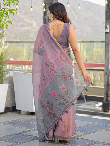 Image of SIRIL Women's Cotton Linen Printed Zari Border Saree with Unstitched Blouse Piece