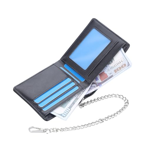 PINKPIN Mens Wallet with Chain, PU Leather Card Wallet Anti-Theft Short Wallet Chain for Biker, Motorcycle (Black) - Thumbnail 2