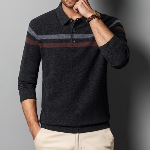 Men's 100% Wool Ribbed Knit Sweater Casual Long Sleeve Polo Sweater Collared Solid Pullover Tops2