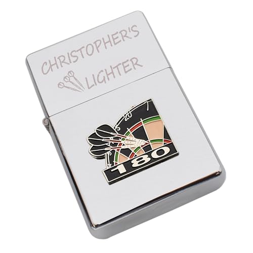 Personalised With Name & Dartboard 180 Darts Design Classic Petrol Lighter, Chrome Finish, Presented in a Box