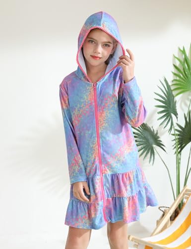 Image of Girls Swim Cover Up Kids Long Sleeve Swimsuit Coverup Terry Beach Pool Clothes with Sunglasses