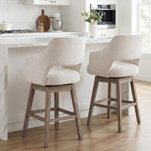 Janoray 27 Inch Counter Height Swivel Barstools Set of 2, Linen Fabric 5-Inch Upholstered Bar Chair with High Back and Solid Wood Bar Stools for Kitchen Island, Linen Beige