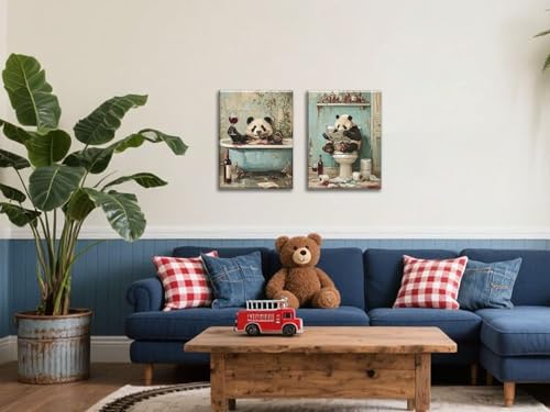 Image of Frimeeme Framed Panda Bathroom Wall Art Set of 2,12x16 Inch | Cute Panda on Toilet and in Bathtub Wall Decor Paintings for Bathroom Restroom
