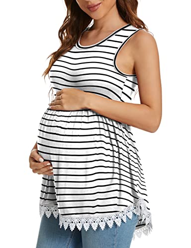 Xpenyo Womens Maternity Tank Top Sleeveless Lace Crochet Trim Peplum Cami Shirts White Striped M #TOP2