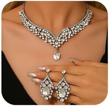 Missgrace Juego de collar y aretes de diamantes de imitación retro indios, verde, rojo, negro, azul, para novia, boda, lágrima, aretes, juego de