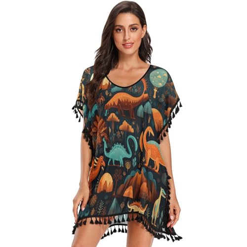KAAVIYO Maroon Ancient Dinosaurs Women's Beach Cover Up Chiffon Tassel Swimwear Swimsuit Coverups for Girl