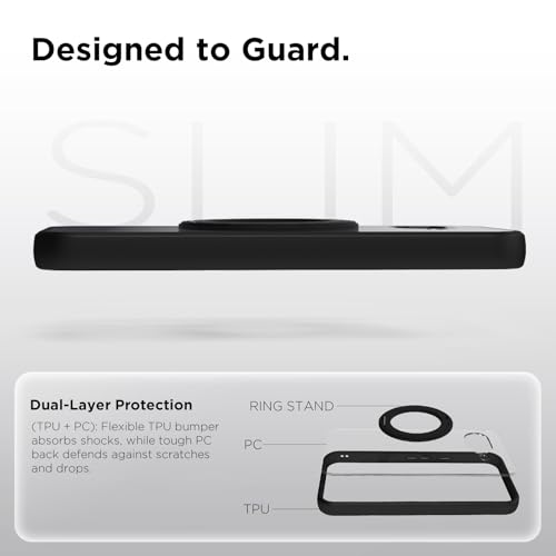 Image of RIGGEAR Shockproof Sleek Hybrid Armor 360 Rotating Magnetic Ring Stand Back Cover Case Compatible with MagSafe Accessories for Google Pixel 9A (Clear PC + Black TPU Bumper)