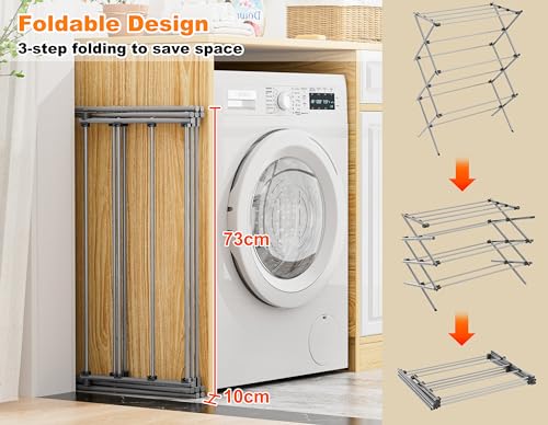 HOMIDEC Clothes Airer,3-Tier Foldable Clothes Drying Rack,Clothes Horse with 11 Thickened Poles Bearing Weight 20kg,Space Saving Clothes Dryer for Indoor Outdoor.Grey(73 * 37 * 115cm)