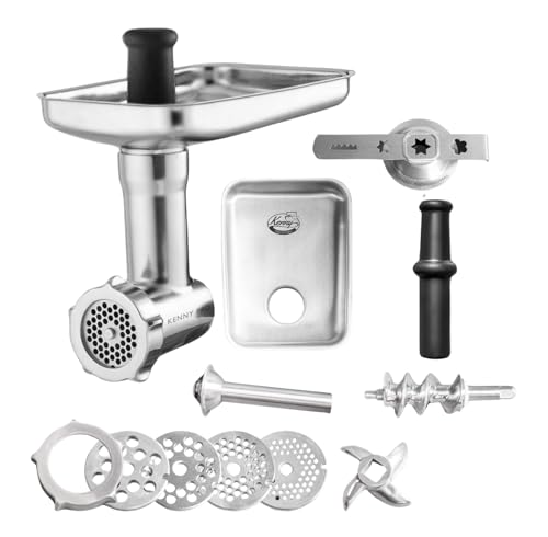 Kenny Professional Hachoir à viande pour robot de cuisine en acier inoxydable avec disques perforés, couteau hachoir, tube de remplissage pour saucisses,...