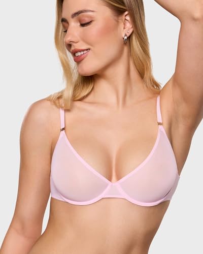 Image of INLYRIC Women's Cosnufy Sheer Balconette Bra Demi Unlined Plunge Mesh See Through Sexy Bras Underwire