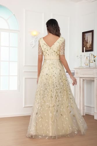 Sequin Mother of The Bride Dresses for Women Sparkly Short Sleeve V Neck Long Formal Evening Gown4