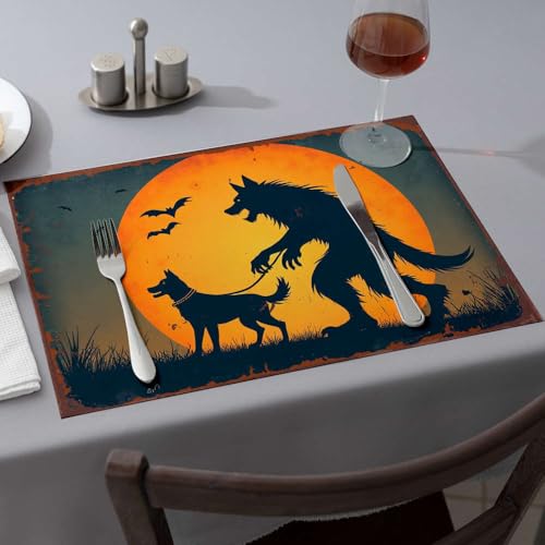 Lot de 6 sets de table lavables au design loup et lune rose, durables et imperméables