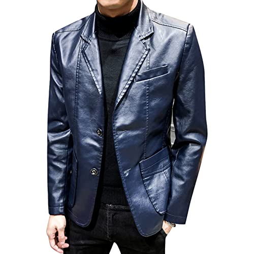 Faux Leather Blazer for Men Stylish 2 Button Moto Leather Suit Jacket Casual Regular Fit Business Sports Coat (Blue,5X-Large)