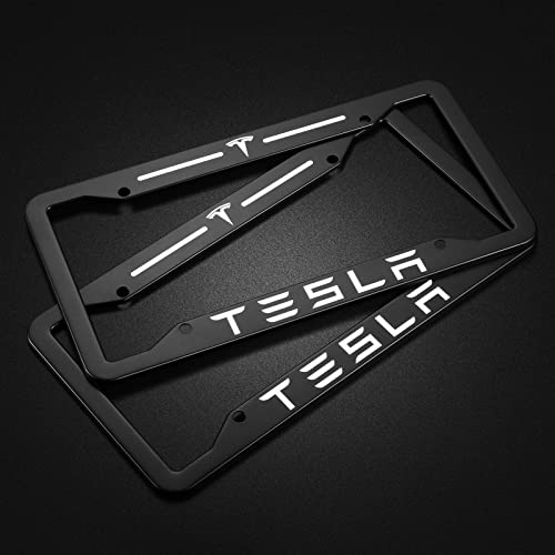 2Pcs Black License Plate Frames For Tesla,Bracket Holder, Premium Aluminum Alloy Weather Proof License Plate Covers With Screw Caps, Front License Plate Car Accessories #TOP2