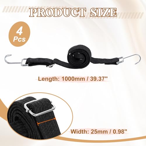 Image of uxcell 4Pcs Adjustable Bungee Cords with Hooks, 39 Inch Flat Heavy Duty Elasticity Straps Rubber Bungee Cords with Buckle for Outdoor, Camping, Tarp, Bike Rack, Luggage, Black