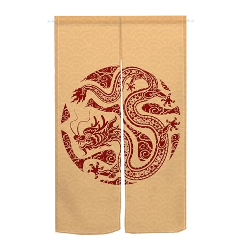 Qinunipoto 暖簾 赤い竜 ドラゴン 波柄 シンプル風 幅72cm丈120cm インテリア 出入り口 目隠し おしゃれ すだれ 遮光 部屋 間仕切りカーテン 門カーテン ポリエステル製 オーダー可 簡単取付 四季兼用