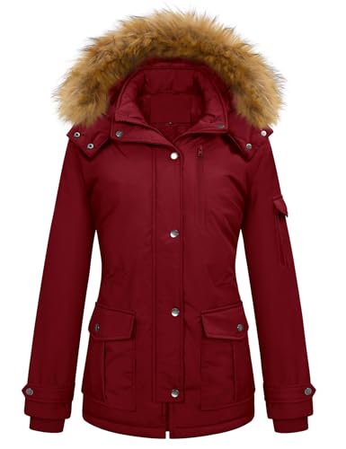 heekpek Manteau Femme Hiver Chic Vestes à Capuche en Fausse Fourrure Blouson Chaude Doublée en Polaire Manteaux à Manches Longues pour Dames Parka Imperméable Doudoune Zippée, Vin Rouge, M